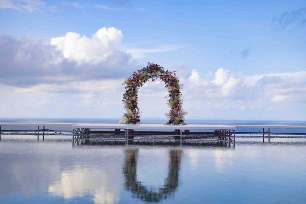 Luxury wedding pool space decoration at a destination wedding in Okinawa, Japan
