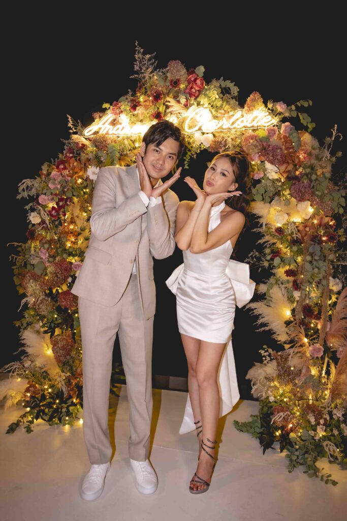 Romantic night portrait of bride and groom at a destination wedding in Okinawa, Japan
