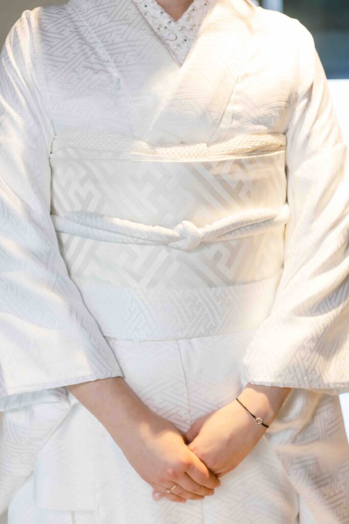 Bride after getting ready for her elegant autumn wedding in Kyoto
