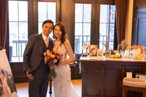 Elegant indoor wedding portrait of an international couple in Japan